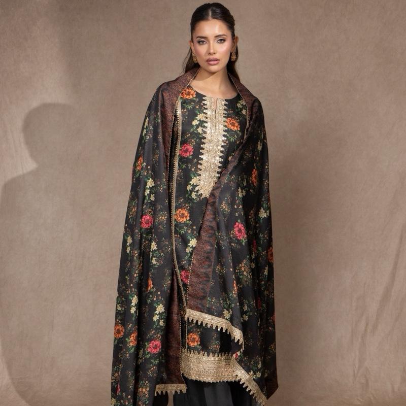 Charcoal Gray Floral Marina Three Piece Suit with Golden Sequence Detailing Plazzo Trouser and Shawl Semiformal Asian Womenswear Outfit