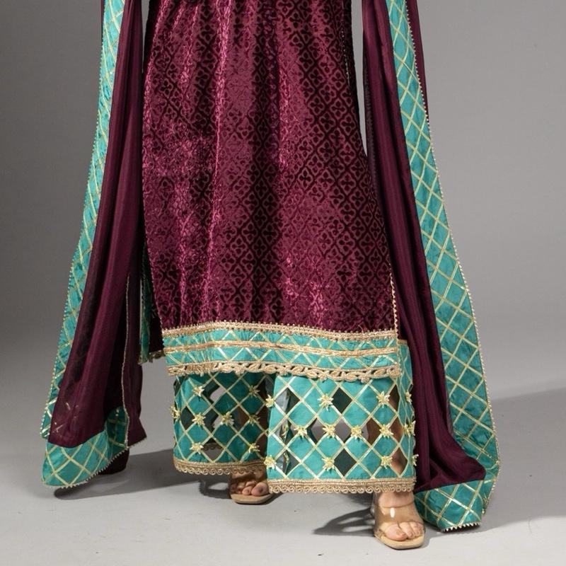 Maroon/Plum Plachi With Seagreen Contrast, Formal Womenswear Outfit, Beautiful Lace Work, Velvet Plazzo with Heavy Gotta and CutWork