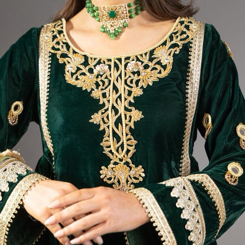 Green Velvet Three Piece Suit - Balochi Style Frock