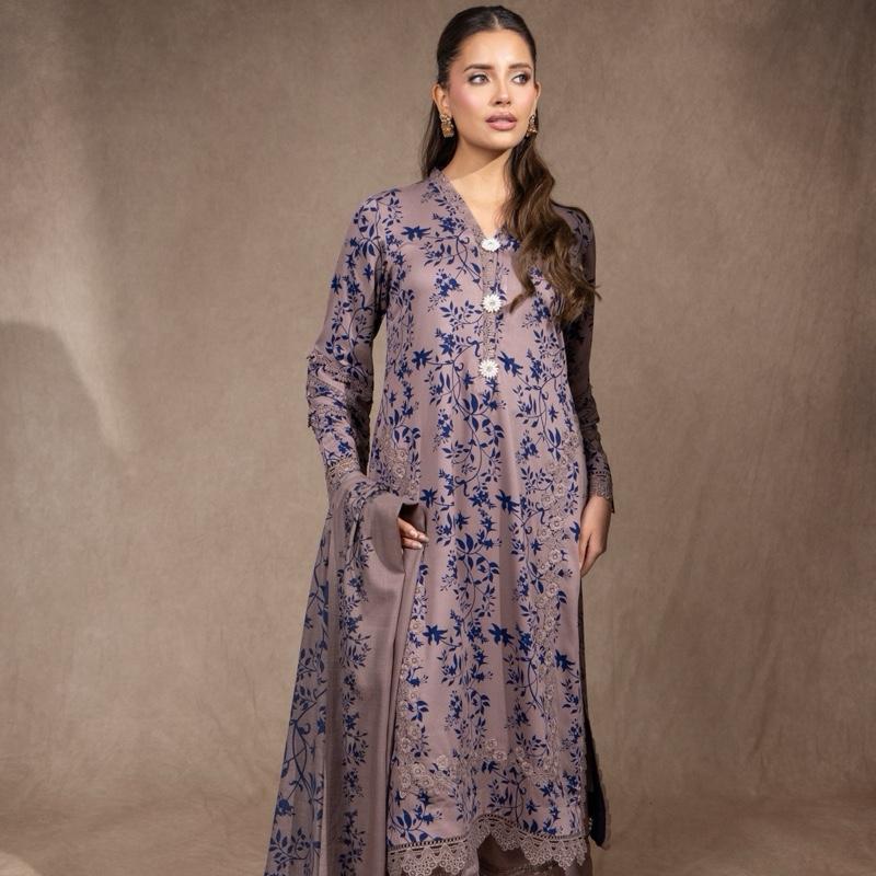 Gray/Brown with Navy Blue Print Marina 3PC Pakistani Womenswear Outfit, Beautiful Lace Detailing and Shawl with Plazzo Trousers, Comfortable and Trendy