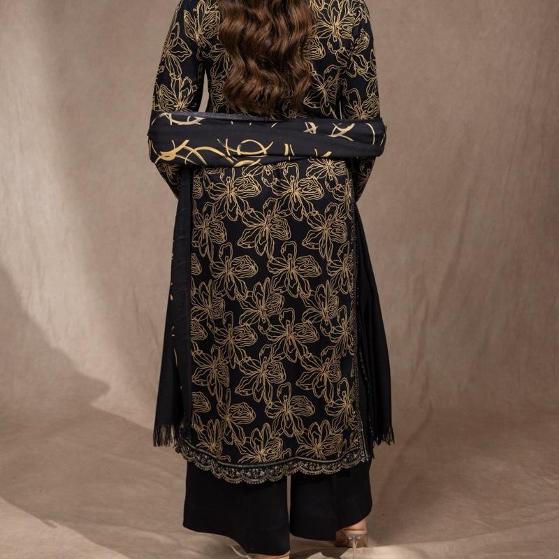 Black and Mustard Marina 3PC suit - A stunning Neckline with Sequence Detailing and Plazzo Trousers, including a beautiful Shawl. Pakistani Semi Formal Womenswear Outfit