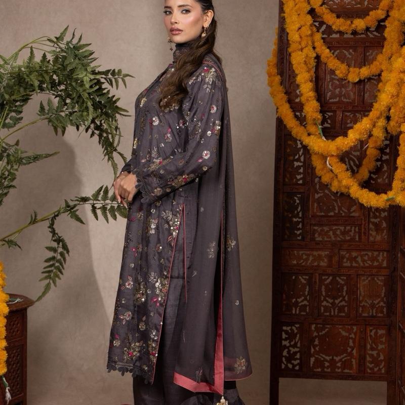 Gray Multi Embroidered with Sequence Raw Silk 3PC pakistani formal womenswear outfit, Beautiful Long Kameez with Plazzo Trousers and Embroidered Chiffon Dupatta