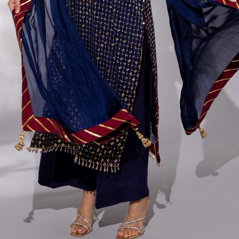 Navy Blue Chiffon Sequence Three Piece Formal Womenswear Outfit, Long Kameez with Detailed Neckline and Hand Embellished bunch, With Contrasting Finishing on Dupatta and Plazzo Trousers
