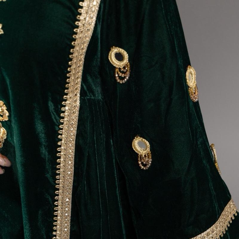 Green Velvet Three Piece Suit - Balochi Style Frock