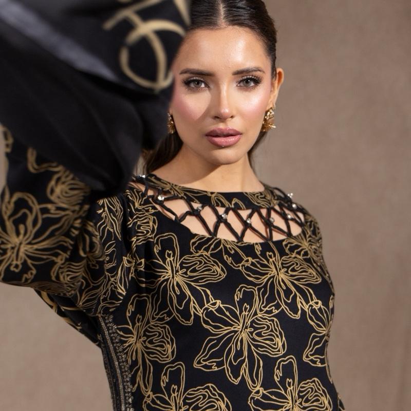 Black and Mustard Marina 3PC suit - A stunning Neckline with Sequence Detailing and Plazzo Trousers, including a beautiful Shawl. Pakistani Semi Formal Womenswear Outfit