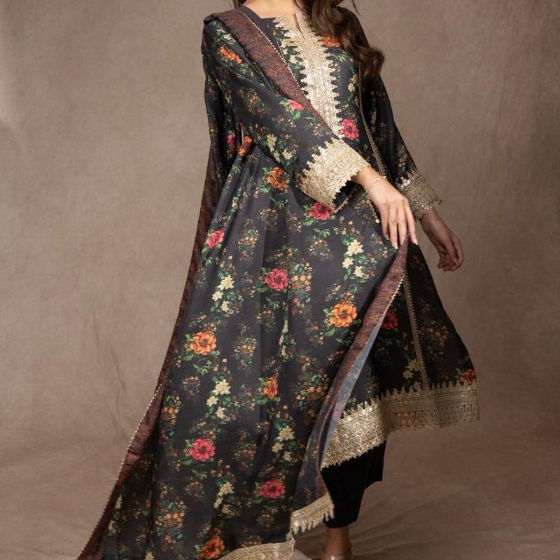Charcoal Gray Floral Marina Three Piece Suit with Golden Sequence Detailing Plazzo Trouser and Shawl Semiformal Asian Womenswear Outfit