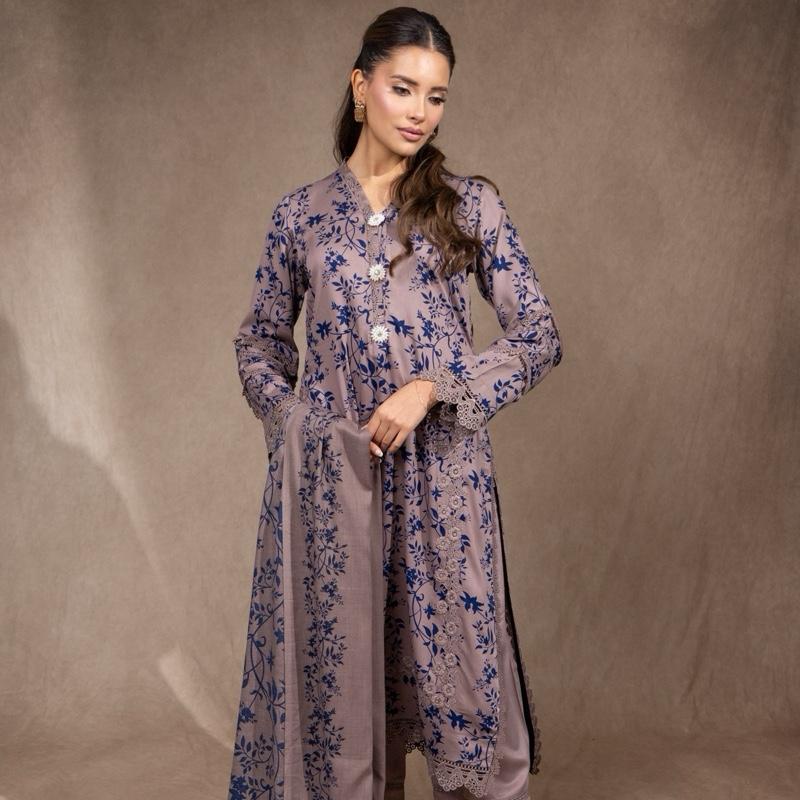 Gray/Brown with Navy Blue Print Marina 3PC Pakistani Womenswear Outfit, Beautiful Lace Detailing and Shawl with Plazzo Trousers, Comfortable and Trendy