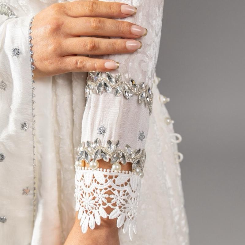 White Dove Plachi - A Pure Beauty, Stunning Handwork Silver Neckline Long Kameez with Pearl Sides, Beautiful Sleeve work with Stone, Loose Plazzo Pants and Silk Embroidered Dupatta with Fringe Detail  Asian Womenswear Clothes