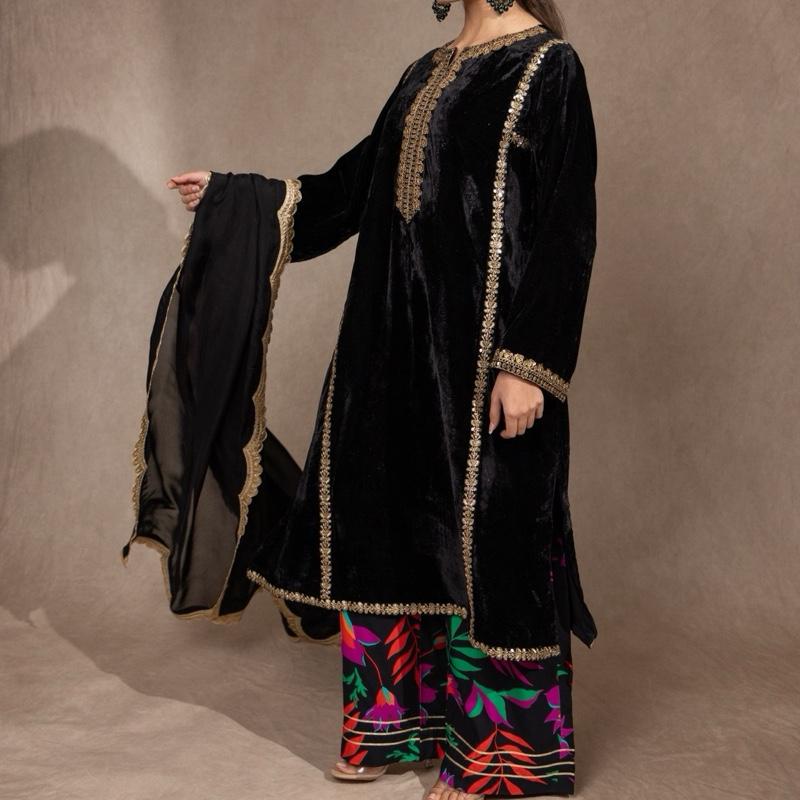 Black Embroidered Velvet Kurta Style Kameez with Multi Floral Palazzo and Scallop Detailed Silk Dupatta Comfortable Semi Formal Pakistani Womenswear