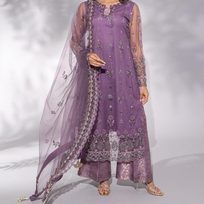 Lilac Crystal Cutdana  with Banarsi Bellbottom - 3PC