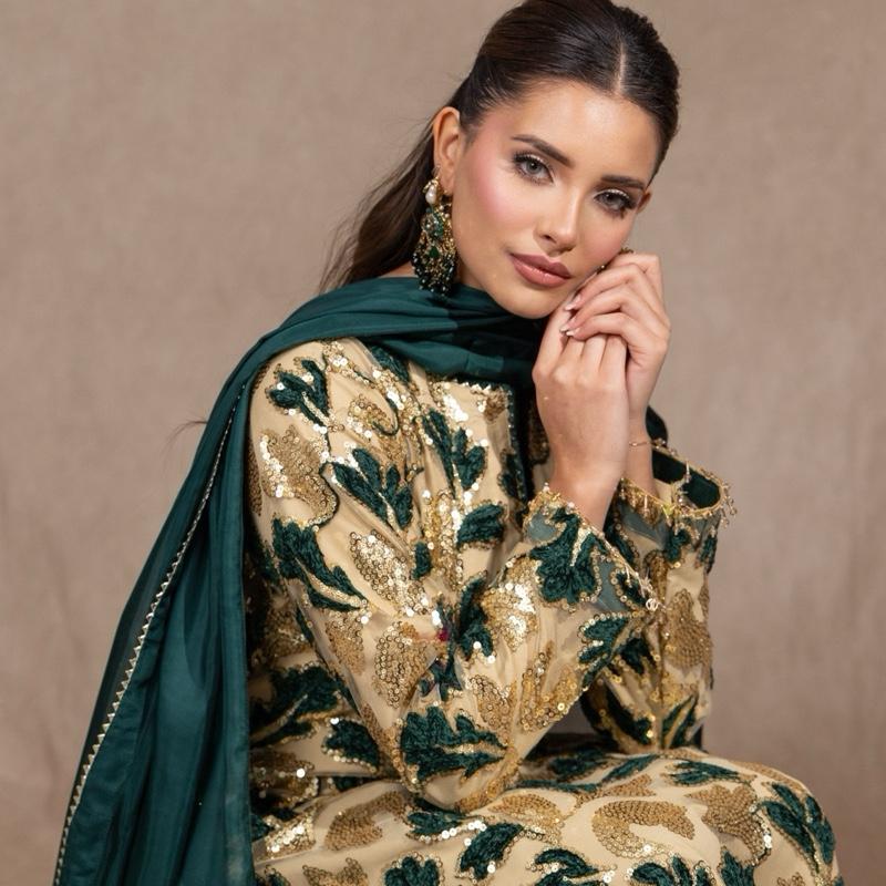 Green and Gold Sequins Three Piece Suit, Velvet Floral Embossed with Plazzo Trousers and Silk Dupatta. Formal Asian Womenswear
