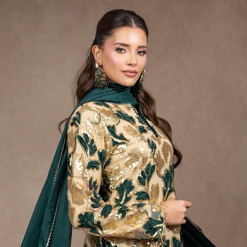 Green and Gold Sequins Three Piece Suit, Velvet Floral Embossed with Plazzo Trousers and Silk Dupatta. Formal Asian Womenswear