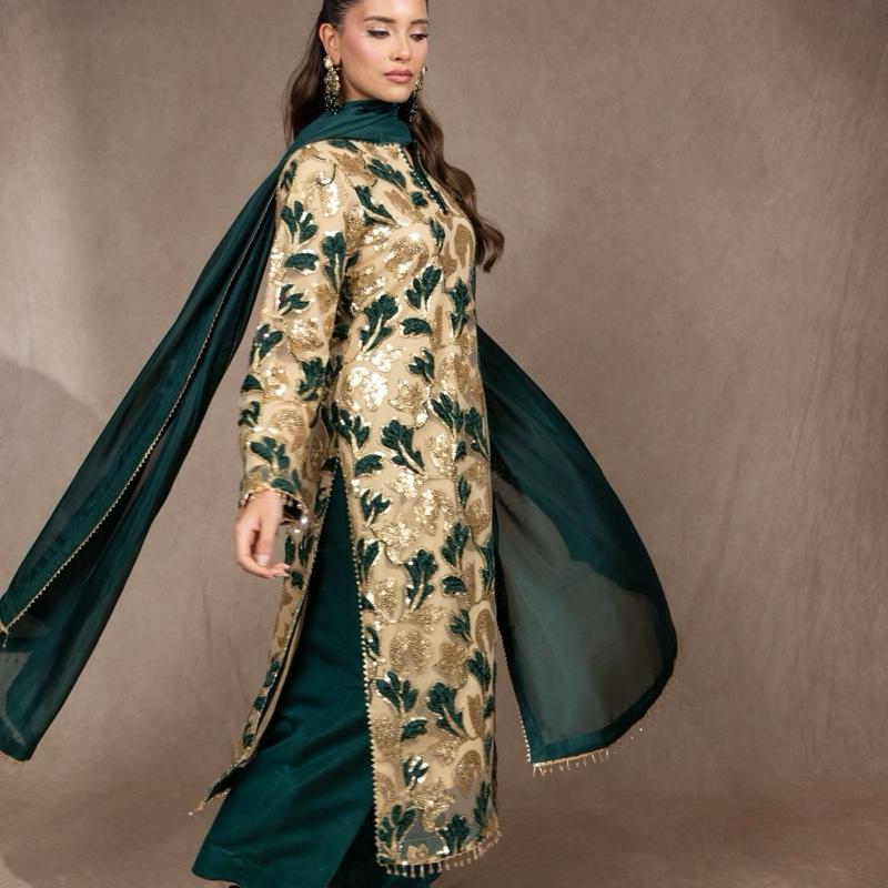 Green and Gold Sequins Three Piece Suit, Velvet Floral Embossed with Plazzo Trousers and Silk Dupatta. Formal Asian Womenswear