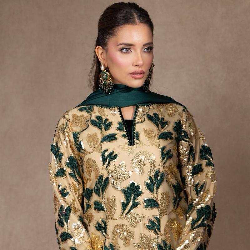 Green and Gold Sequins Three Piece Suit, Velvet Floral Embossed with Plazzo Trousers and Silk Dupatta. Formal Asian Womenswear