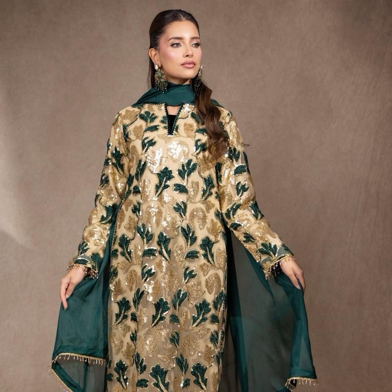 Green and Gold Sequins Three Piece Suit, Velvet Floral Embossed with Plazzo Trousers and Silk Dupatta. Formal Asian Womenswear