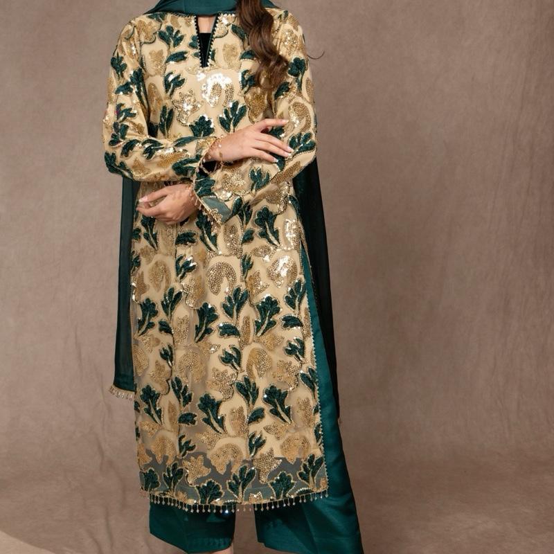 Green and Gold Sequins Three Piece Suit, Velvet Floral Embossed with Plazzo Trousers and Silk Dupatta. Formal Asian Womenswear