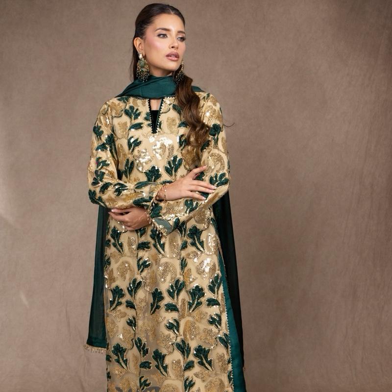 Green and Gold Sequins Three Piece Suit, Velvet Floral Embossed with Plazzo Trousers and Silk Dupatta. Formal Asian Womenswear