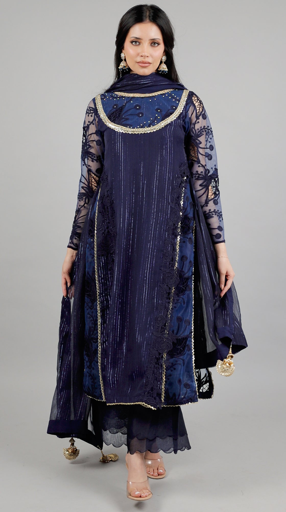 Sehar – 3PC Navy Blue Chiffon Cut-Work Ensemble - Eeyapret