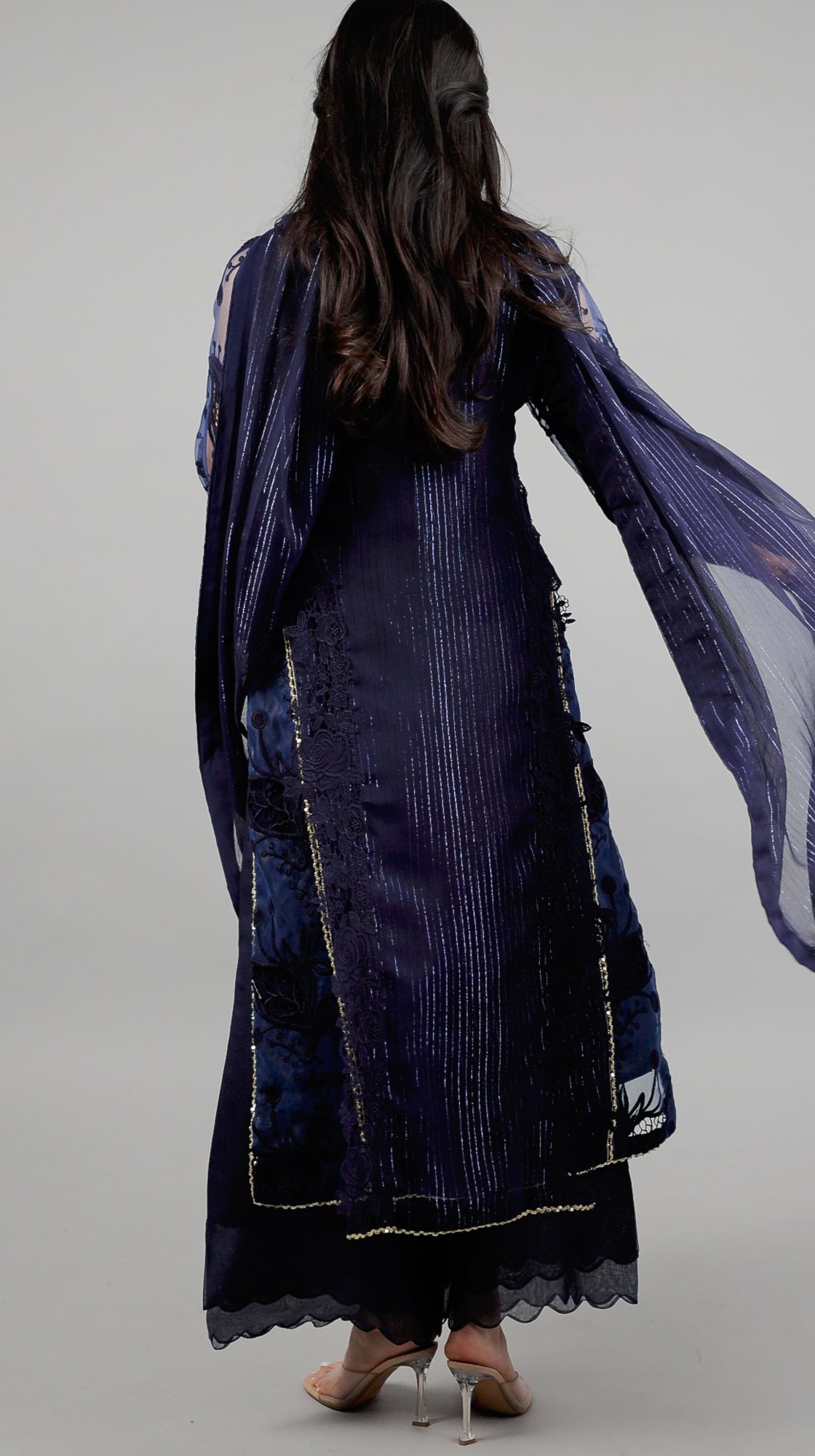 Sehar – 3PC Navy Blue Chiffon Cut-Work Ensemble - Eeyapret