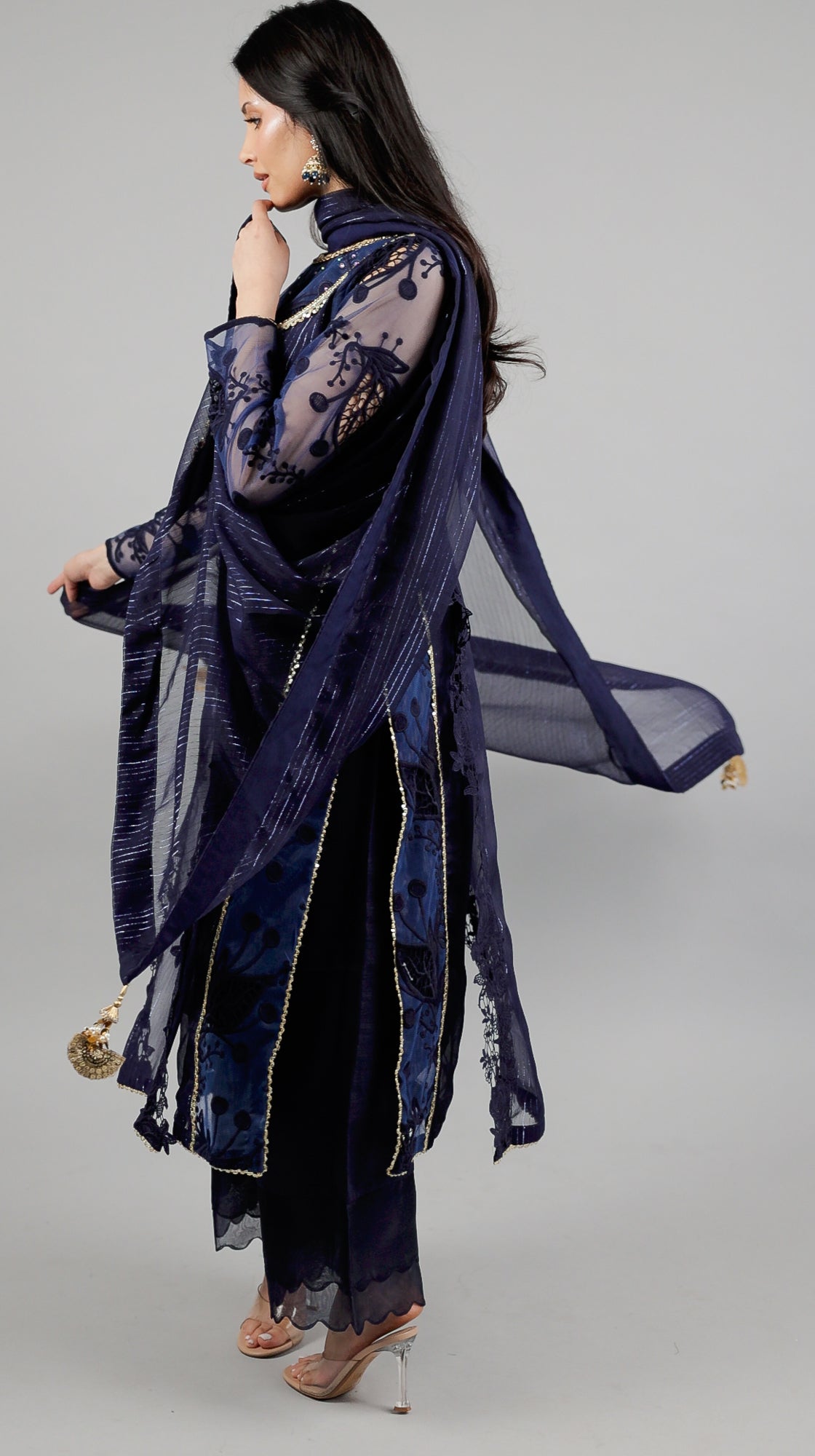 Sehar – 3PC Navy Blue Chiffon Cut-Work Ensemble - Eeyapret