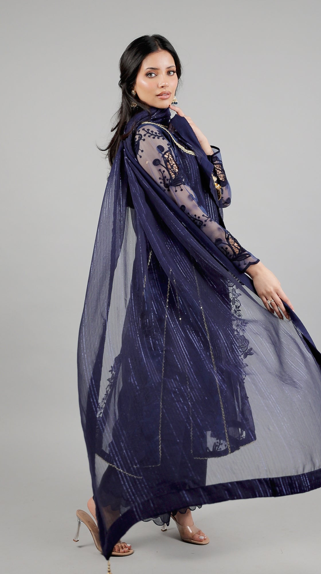 Sehar – 3PC Navy Blue Chiffon Cut-Work Ensemble - Eeyapret