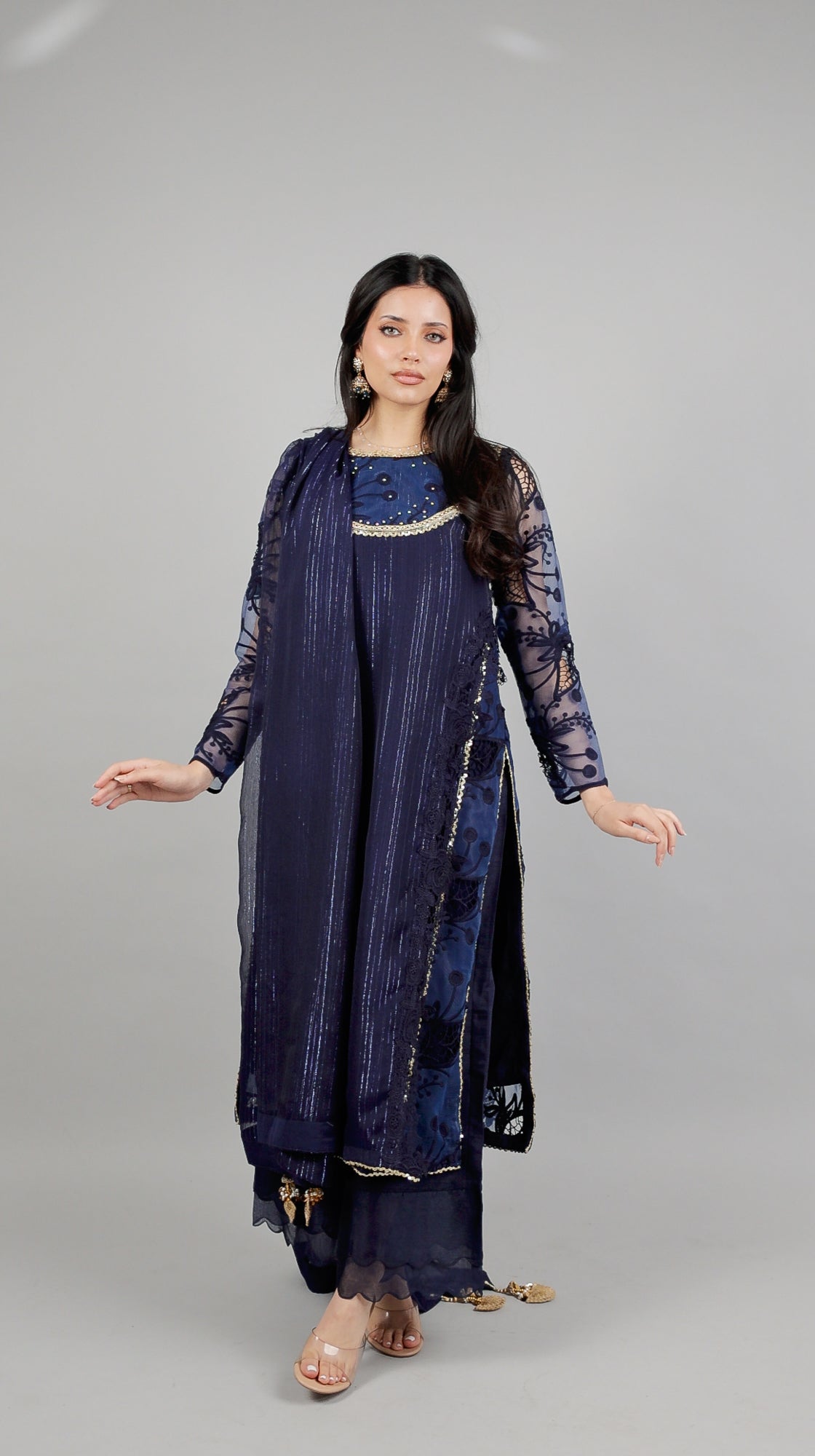 Sehar – 3PC Navy Blue Chiffon Cut-Work Ensemble - Eeyapret