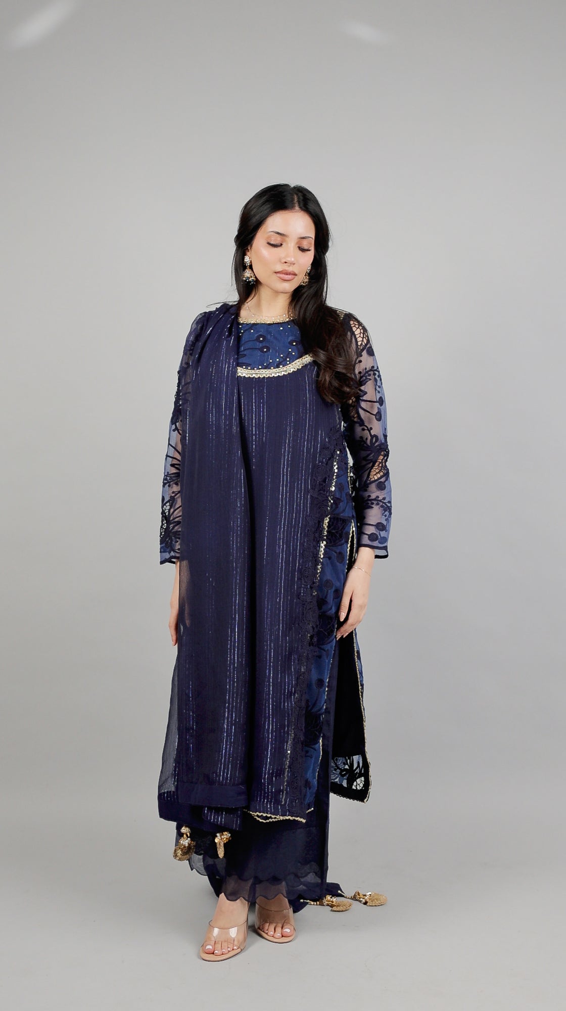 Sehar – 3PC Navy Blue Chiffon Cut-Work Ensemble - Eeyapret