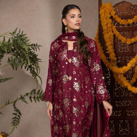 Maroon Multi Embroidered with Sequence Three Piece Raw Silk Pakistani Formal Womenswear Outfit, Long Kameez with Plazzo Trousers and Embroidered Chiffon Dupatta