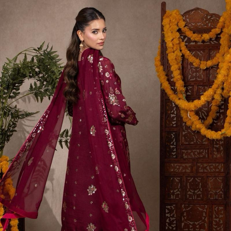 Maroon Multi Embroidered with Sequence Three Piece Raw Silk Pakistani Formal Womenswear Outfit, Long Kameez with Plazzo Trousers and Embroidered Chiffon Dupatta