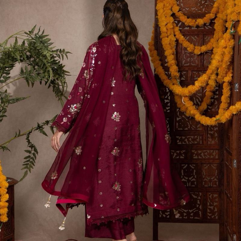 Maroon Multi Embroidered with Sequence Three Piece Raw Silk Pakistani Formal Womenswear Outfit, Long Kameez with Plazzo Trousers and Embroidered Chiffon Dupatta