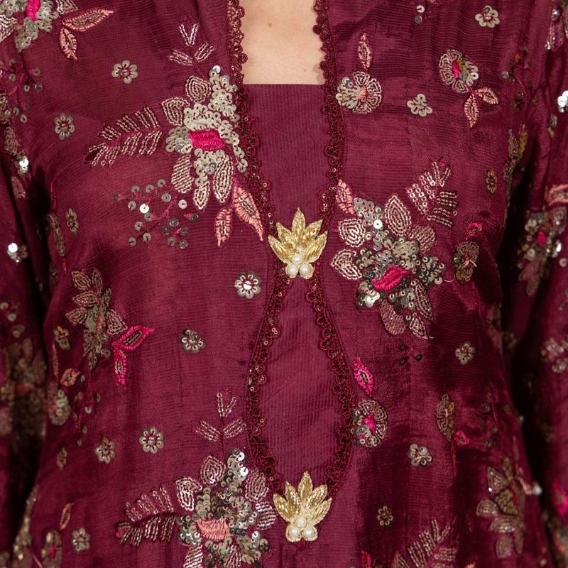 Maroon Multi Embroidered with Sequence Three Piece Raw Silk Pakistani Formal Womenswear Outfit, Long Kameez with Plazzo Trousers and Embroidered Chiffon Dupatta