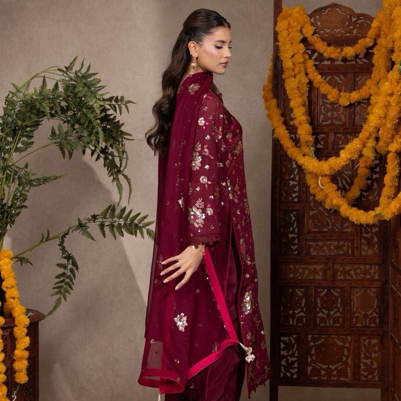 Maroon Multi Embroidered with Sequence Three Piece Raw Silk Pakistani Formal Womenswear Outfit, Long Kameez with Plazzo Trousers and Embroidered Chiffon Dupatta