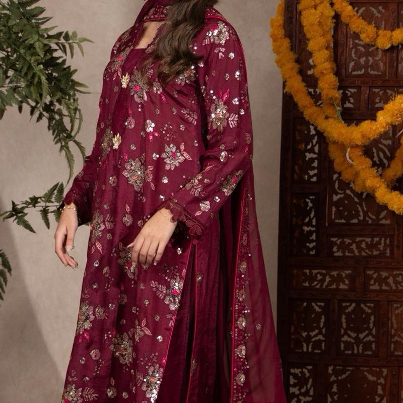 Maroon Multi Embroidered with Sequence Three Piece Raw Silk Pakistani Formal Womenswear Outfit, Long Kameez with Plazzo Trousers and Embroidered Chiffon Dupatta