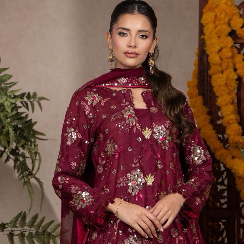 Maroon Multi Embroidered with Sequence Three Piece Raw Silk Pakistani Formal Womenswear Outfit, Long Kameez with Plazzo Trousers and Embroidered Chiffon Dupatta