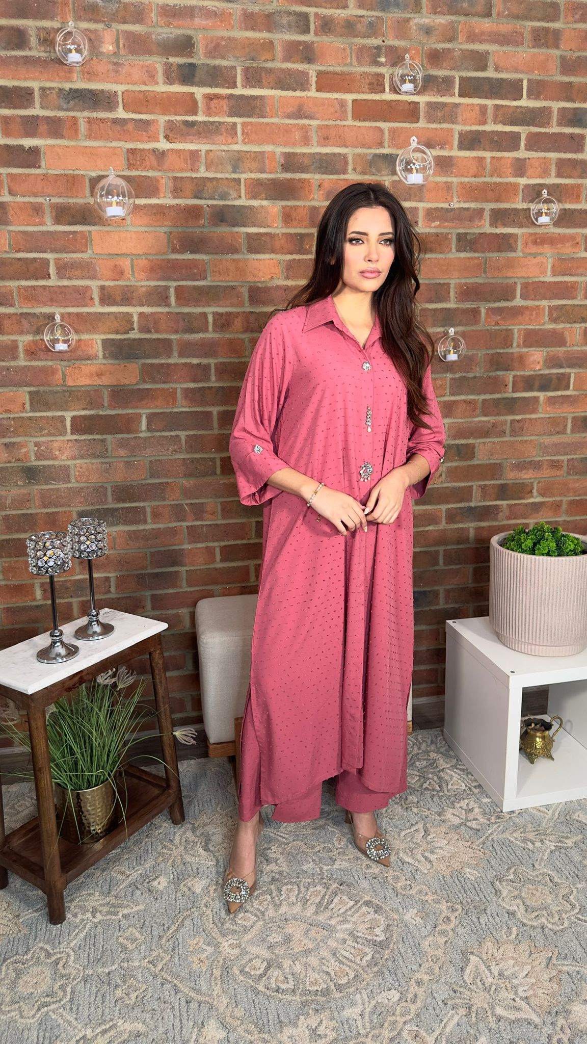 Eeya Pret Casual Womenswear Co Ord Style Tea Pink Broshia Fabric - Suit