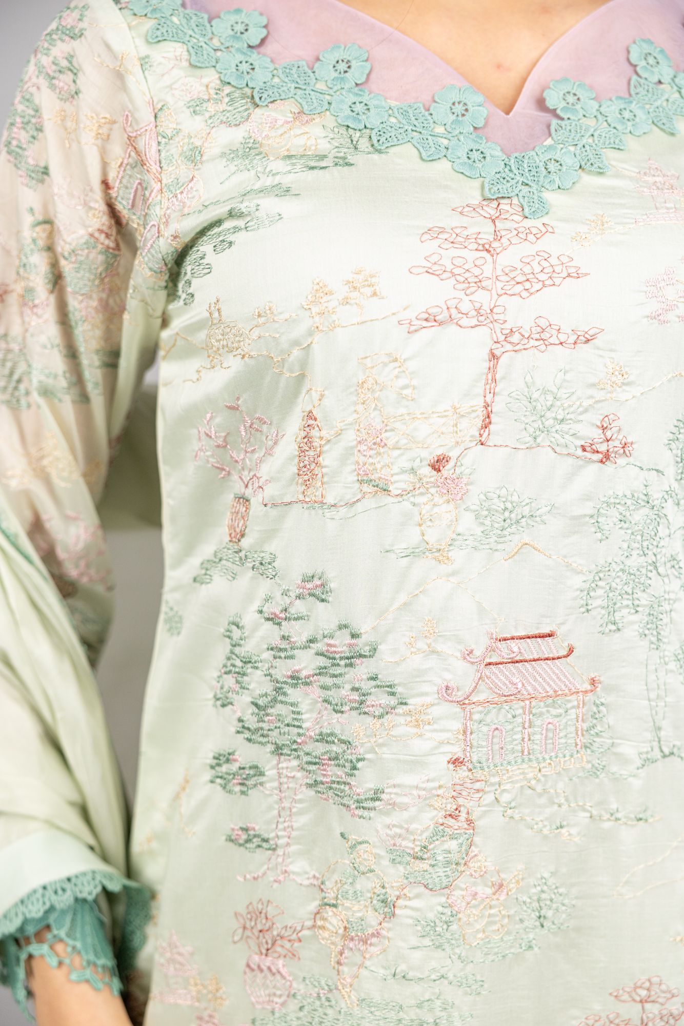 Tabeer – 3PC - Pastel Pistachio Green Raw Silk Ensemble