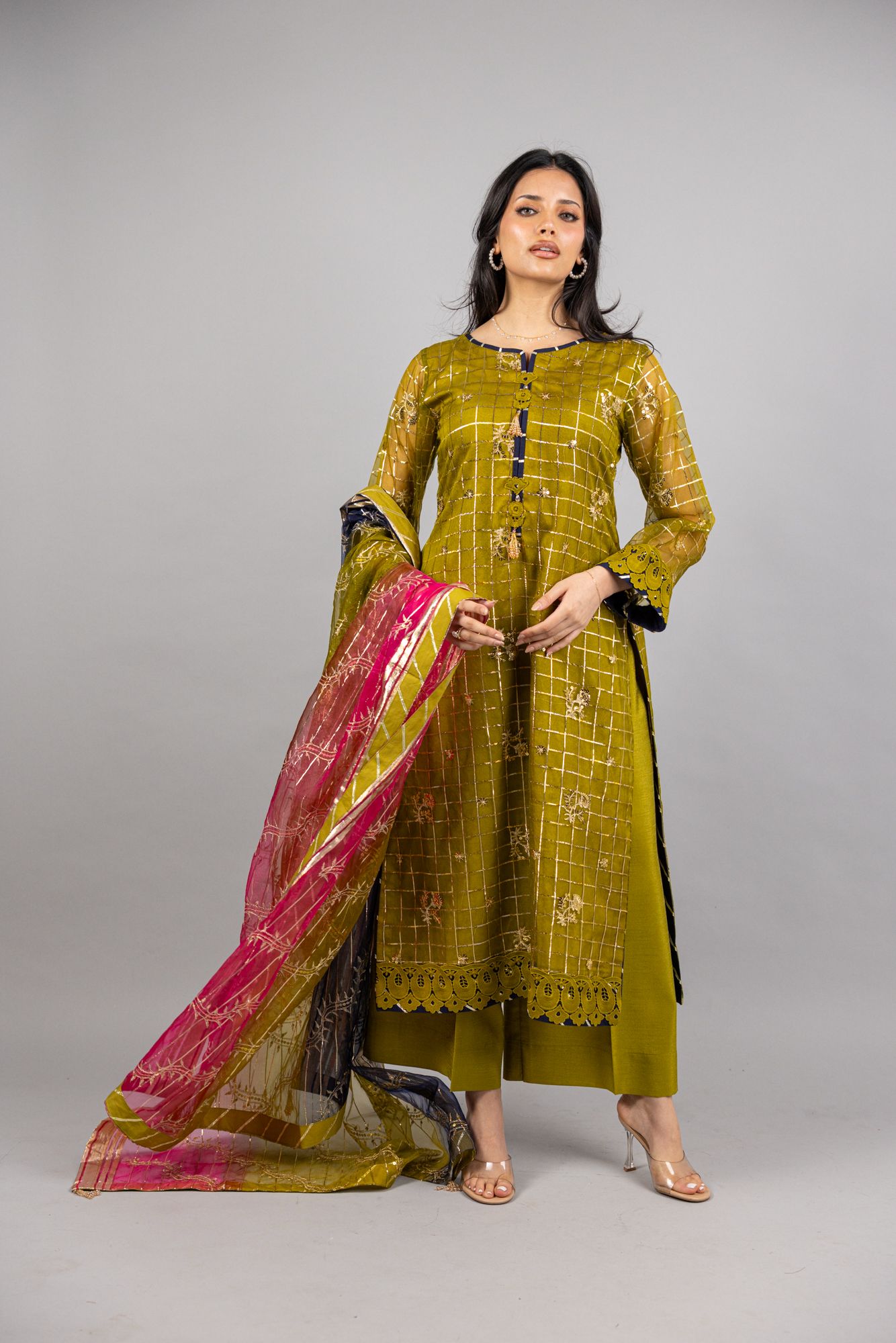 Amal – 2PC Olive Green Soft Organza Ensemble - Eeyapret