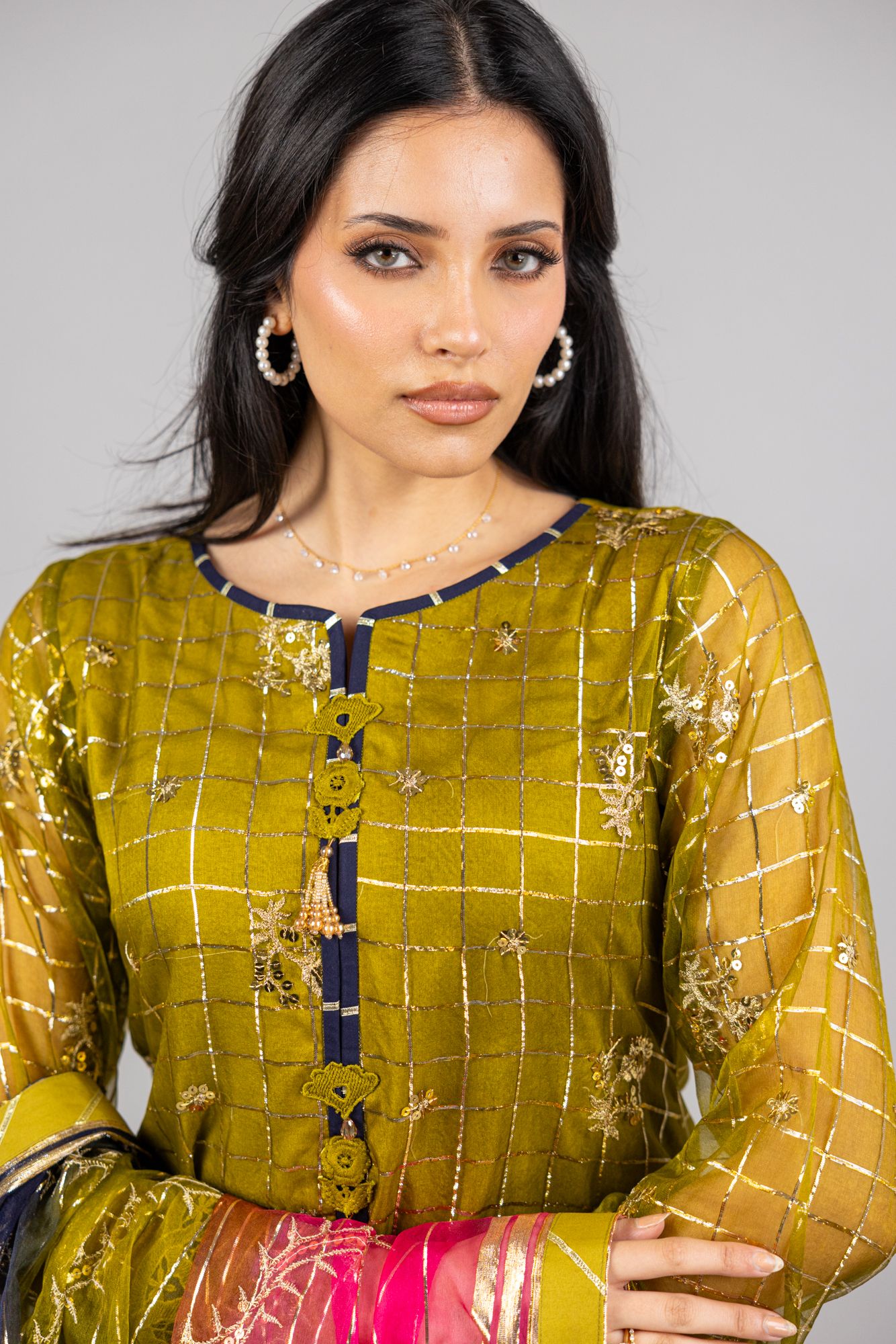 Amal – 2PC Olive Green Soft Organza Ensemble - Eeyapret