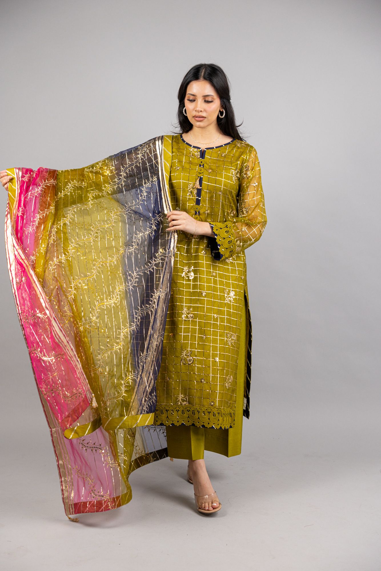 Amal – 2PC Olive Green Soft Organza Ensemble - Eeyapret
