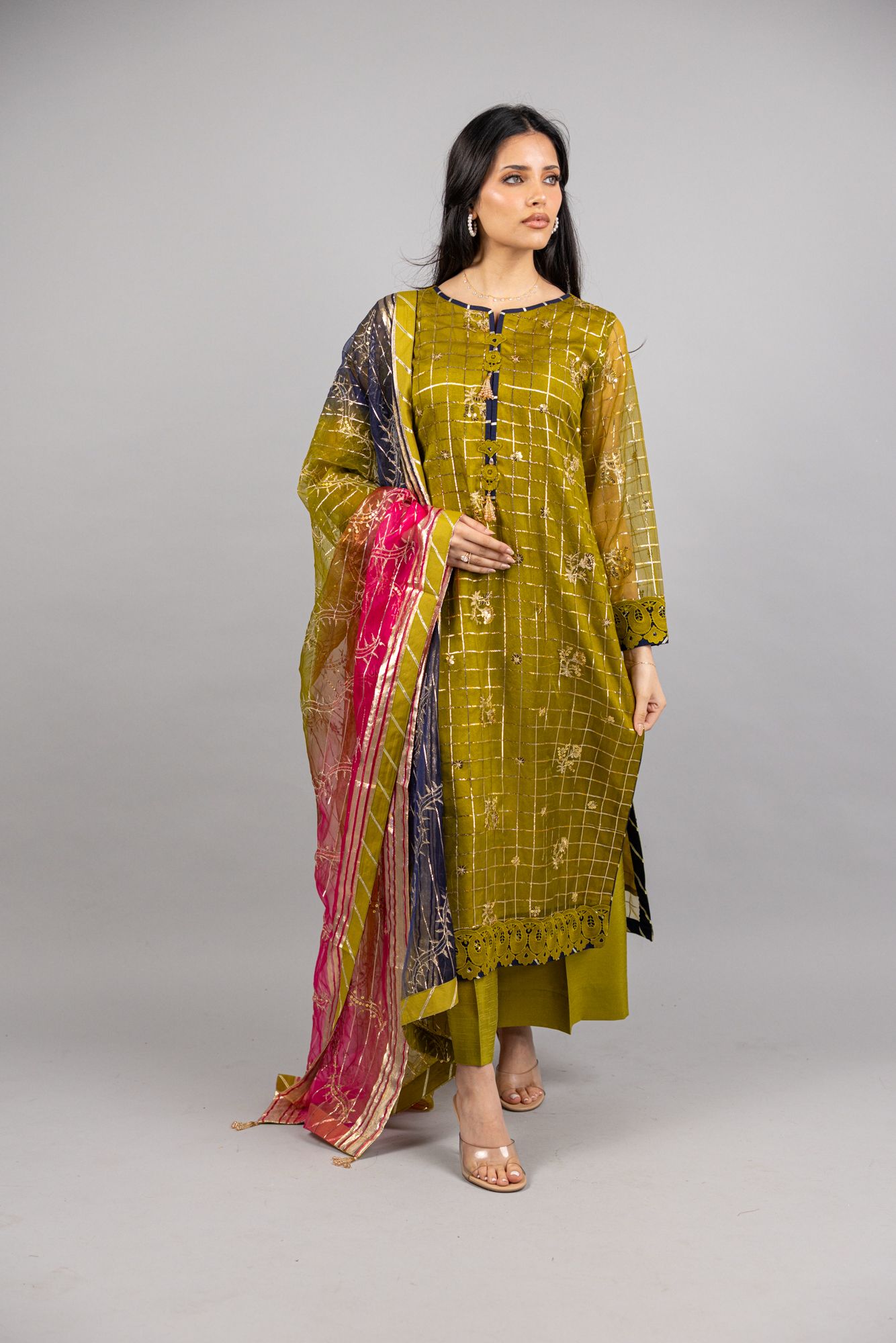 Amal – 2PC Olive Green Soft Organza Ensemble - Eeyapret