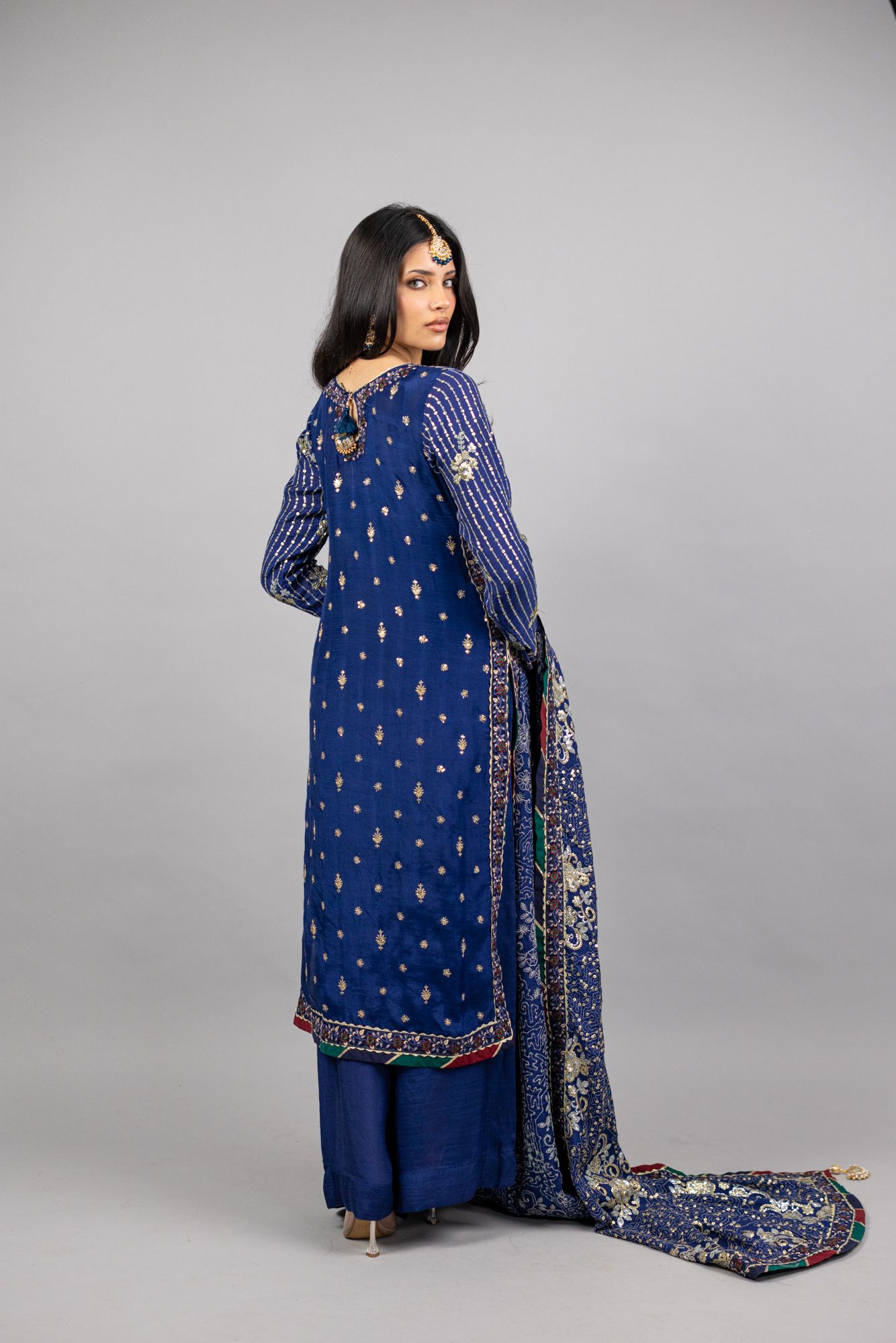 Ellanora – 3PC Royal Navy Blue Raw Silk Ensemble - Eeyapret