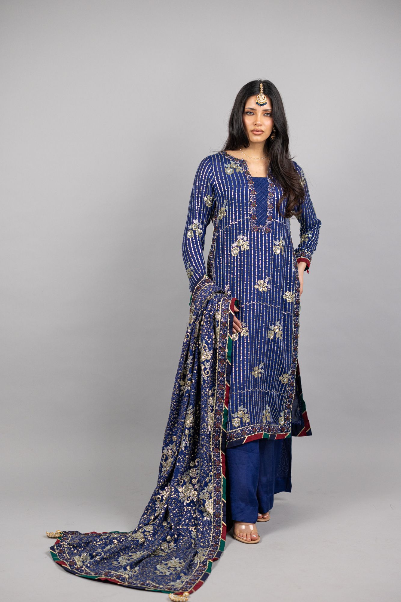Ellanora – 3PC Royal Navy Blue Raw Silk Ensemble - Eeyapret