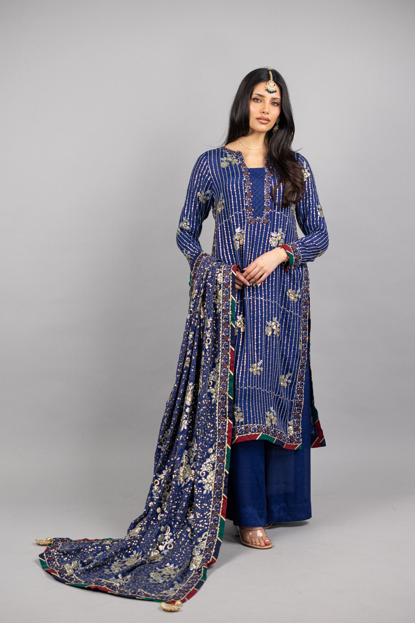 Ellanora – 3PC Royal Navy Blue Raw Silk Ensemble - Eeyapret