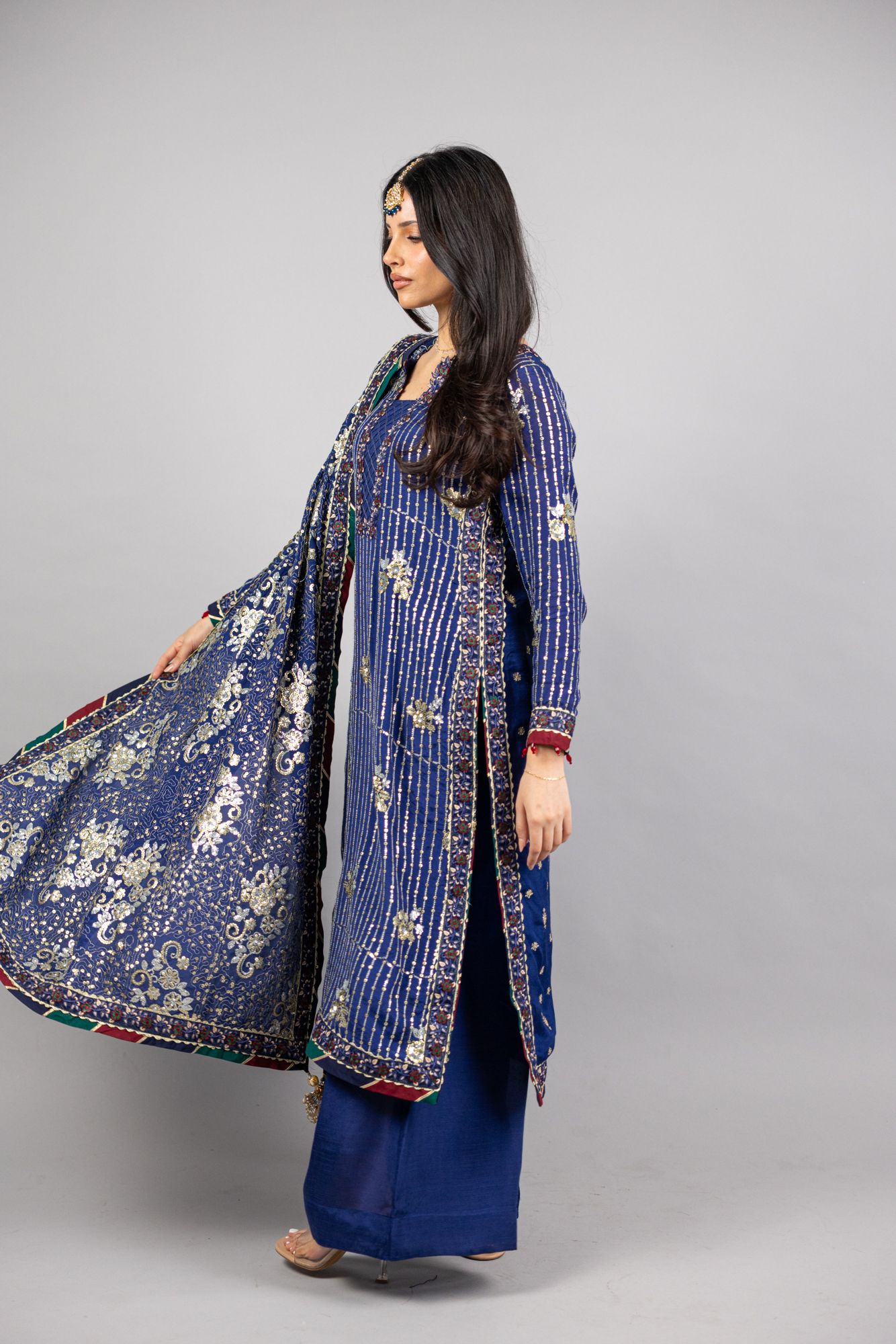 Ellanora – 3PC Royal Navy Blue Raw Silk Ensemble - Eeyapret