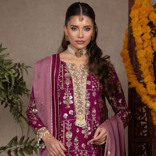 Plum and Mauve Heavily Embroidered Chiffon Three Piece Suit with Cutdana Neckline Handwork Bunch
