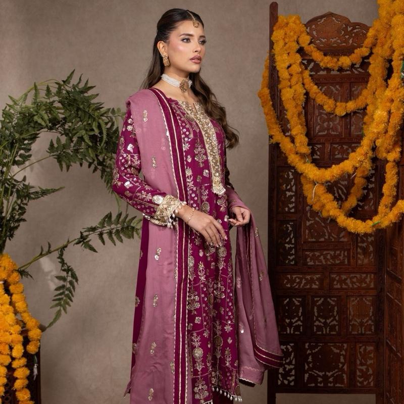 Plum and Mauve Heavily Embroidered Chiffon Three Piece Suit with Cutdana Neckline Handwork Bunch