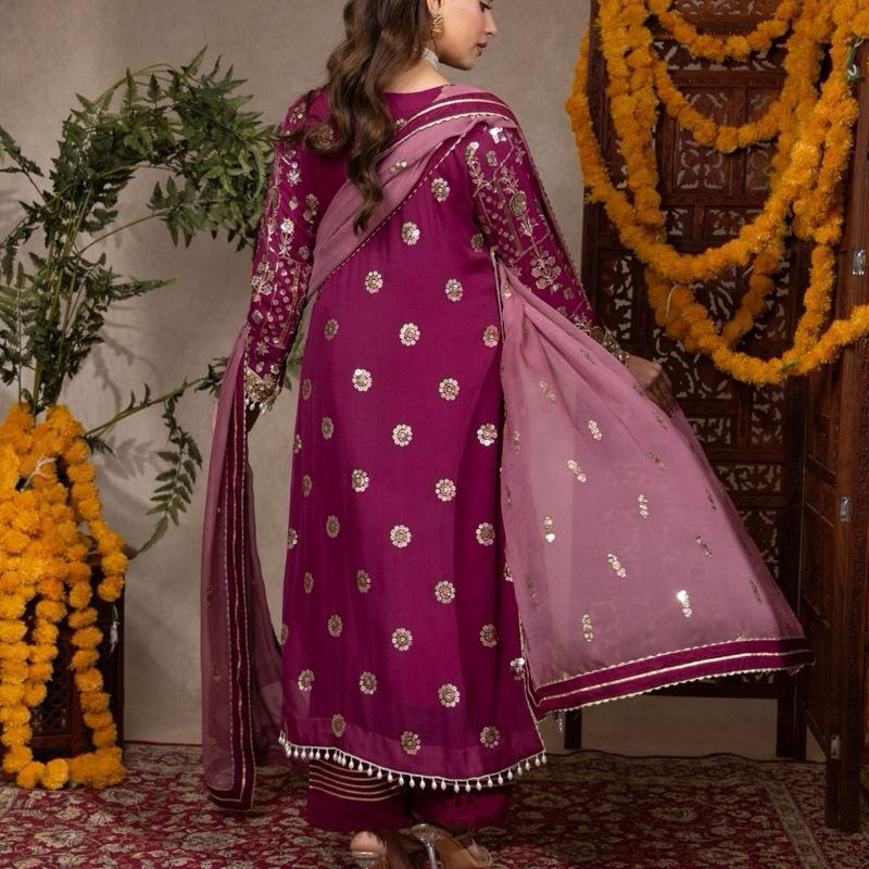 Plum and Mauve Heavily Embroidered Chiffon Three Piece Suit with Cutdana Neckline Handwork Bunch