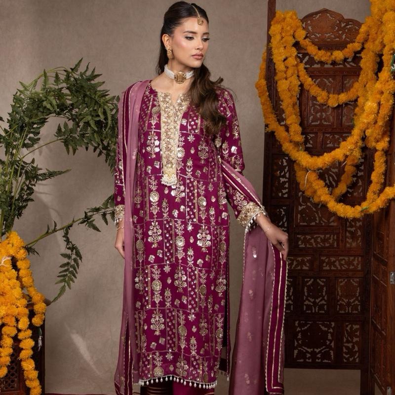 Plum and Mauve Heavily Embroidered Chiffon Three Piece Suit with Cutdana Neckline Handwork Bunch