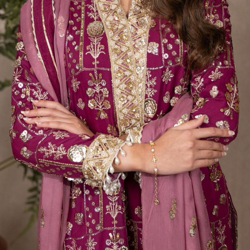 Plum and Mauve Heavily Embroidered Chiffon Three Piece Suit with Cutdana Neckline Handwork Bunch