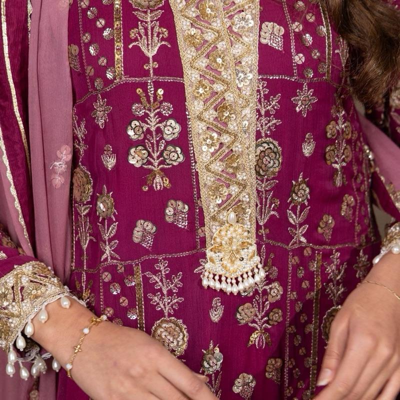 Plum and Mauve Heavily Embroidered Chiffon Three Piece Suit with Cutdana Neckline Handwork Bunch